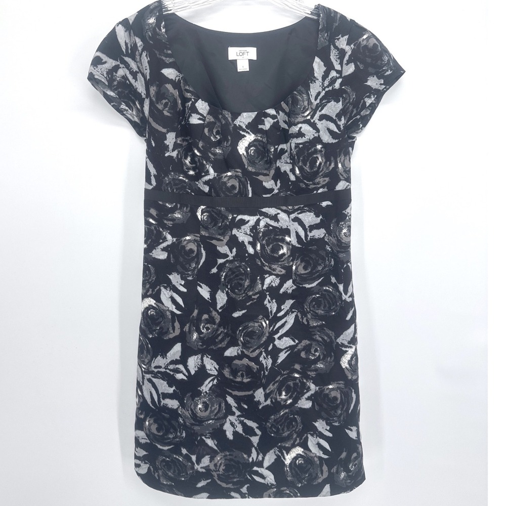 Ann Taylor Loft Womens 6 Black Silver Floral Rose Empire Waist Dress Semi Formal